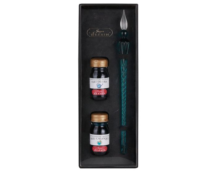 H293/37 - Herbin - Round Glass Pen & Ink Set - Turqoise